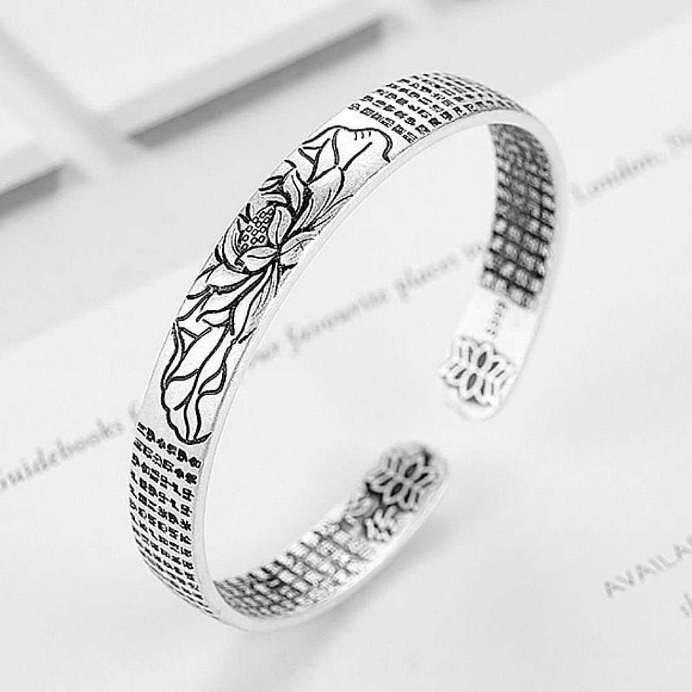 NEW Buddhist 999 Silver Lotus Cuff Bracelet One Size, Adjustable - Picture 6 of 7